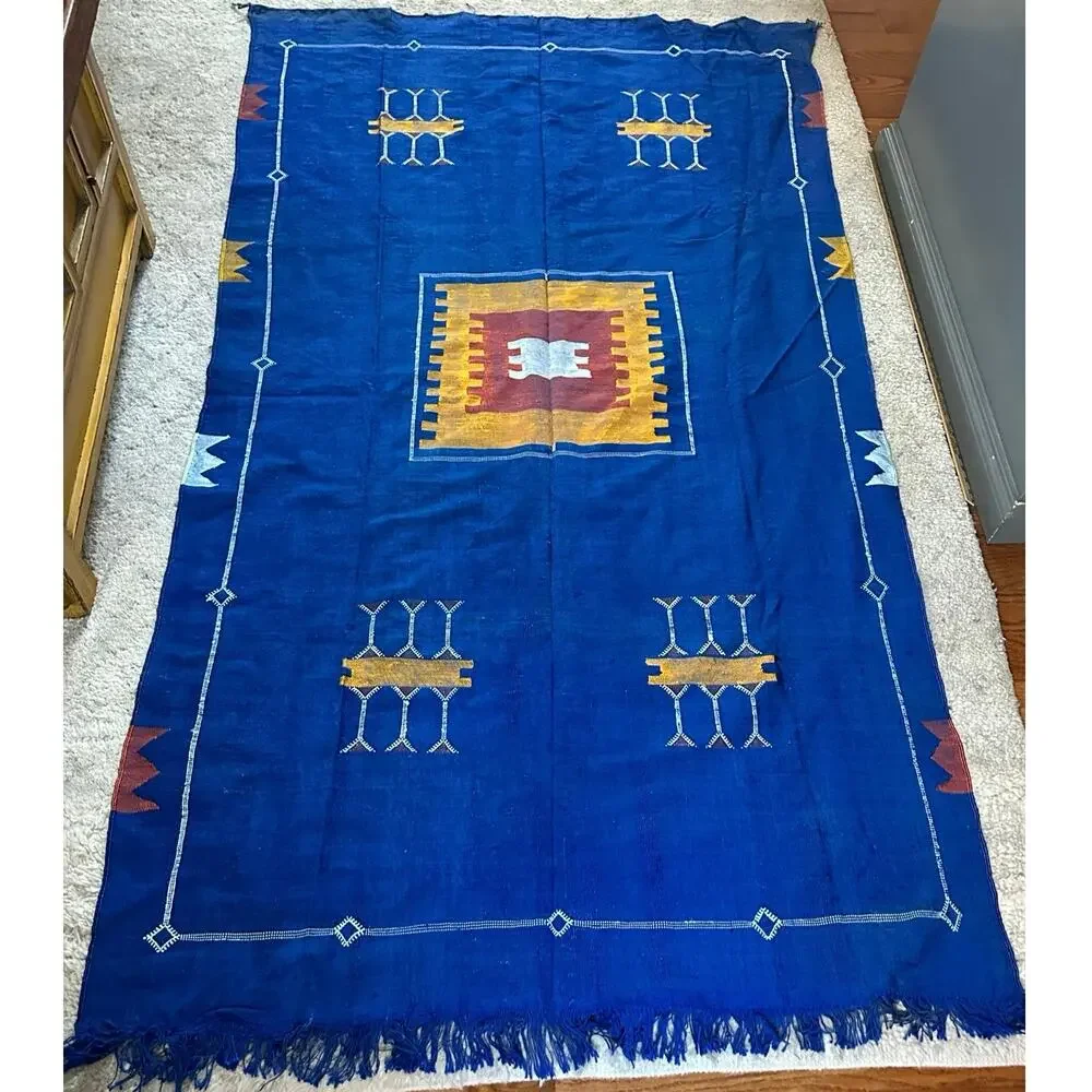 Vintage Moroccan rug kilim Berber Handmade orange yellow red wall tapestry 2x3ft